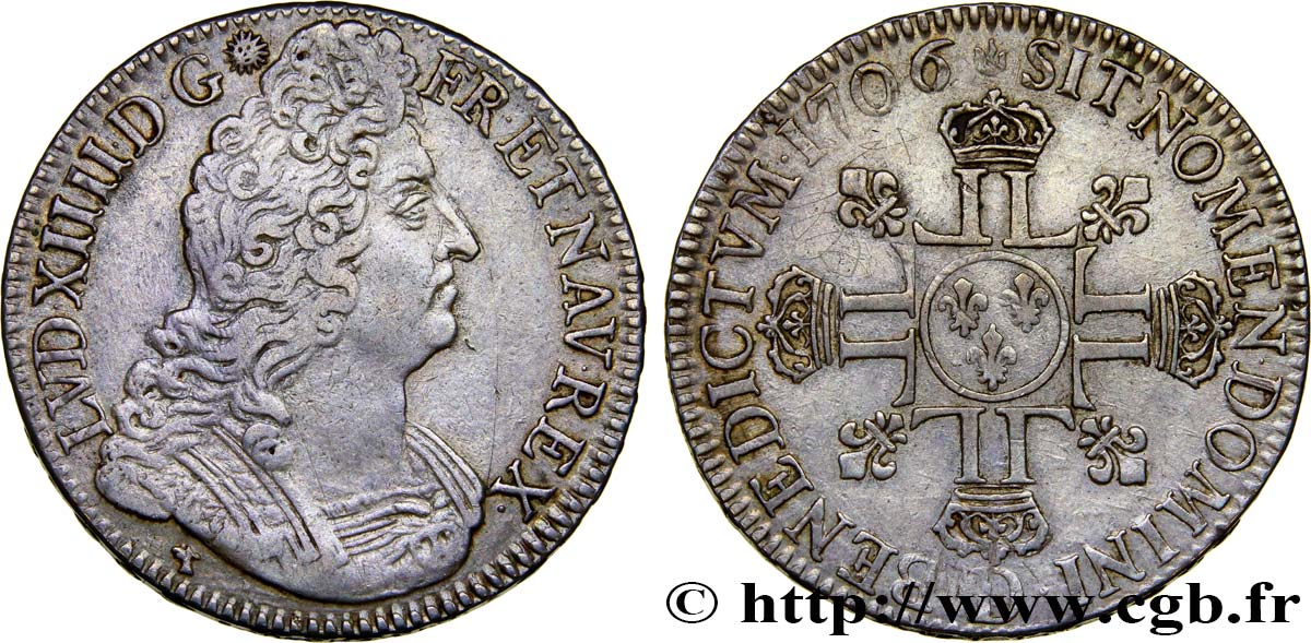 LOUIS XIV  THE SUN KING  Écu aux huit L, 2e type 1706 Lyon XF/AU