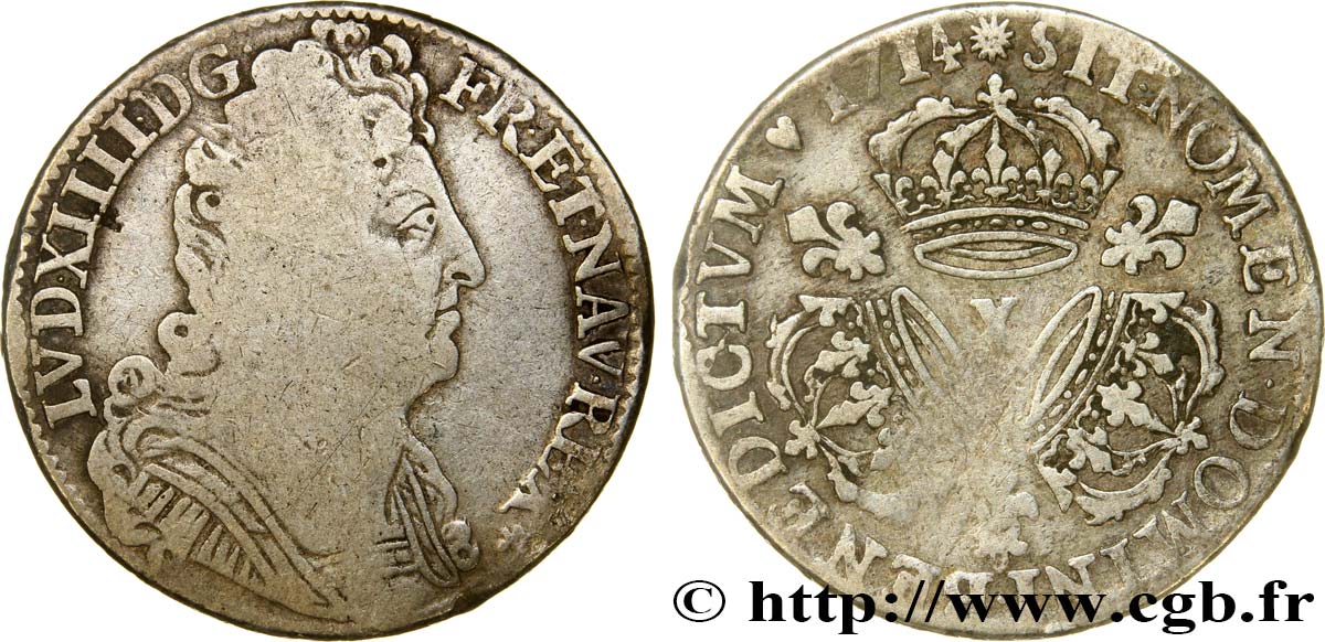 LOUIS XIV  THE SUN KING  Quart d écu aux trois couronnes 1714 Amiens VG/VF