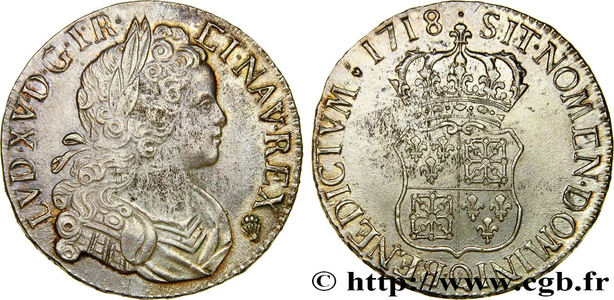 LOUIS XV  THE WELL-BELOVED  Écu de Navarre 1718 Perpignan MBC+/EBC