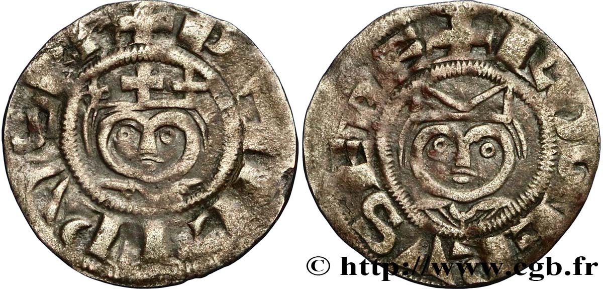 PHILIP II AUGUSTUS AND ROGER II OF ROSOI Denier c. 1180-1201 Laon XF