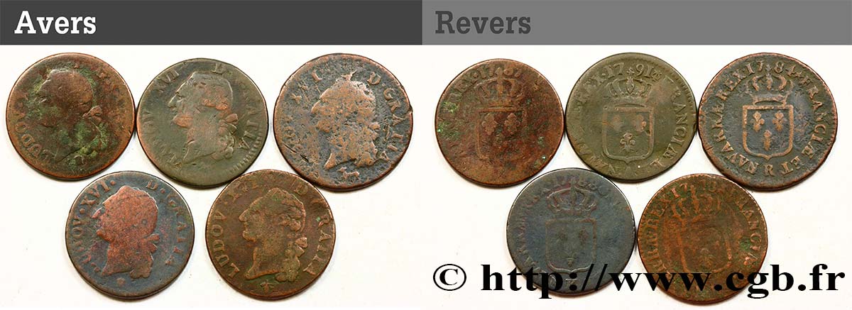 LOUIS XVI Sols dits  à l écu , lot de 5 ex. n.d. Ateliers divers B+