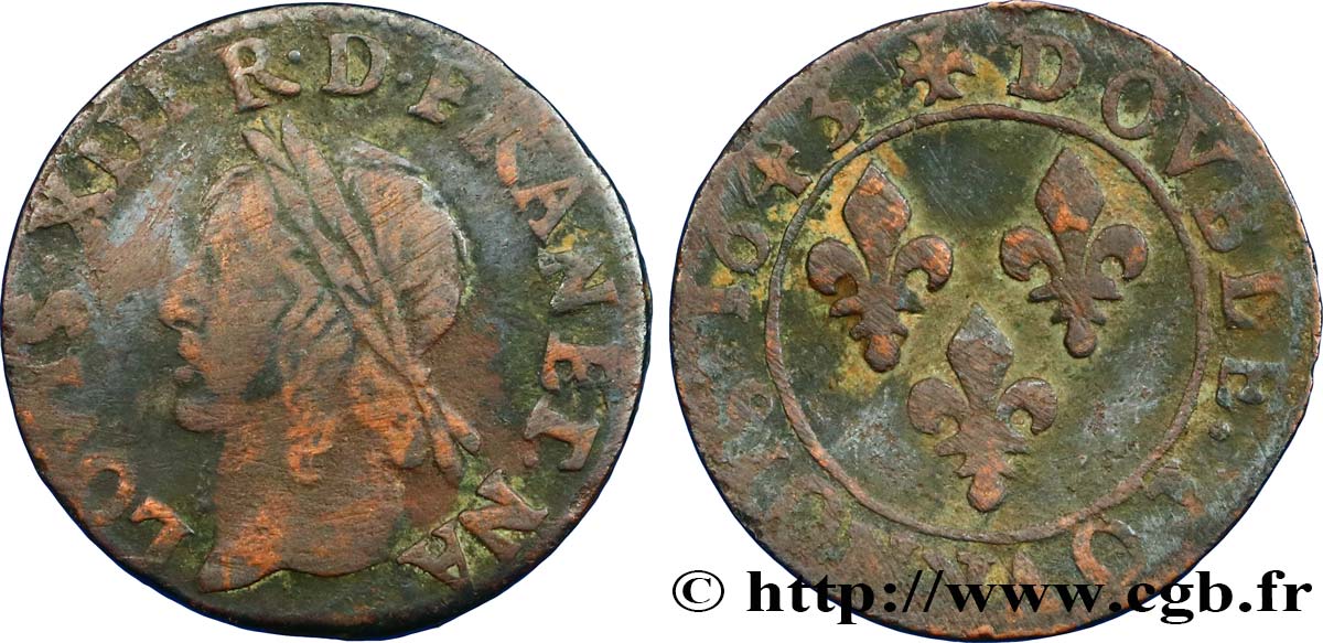 LOUIS XIII LE JUSTE Double tournois, type de Warin 1643  TB