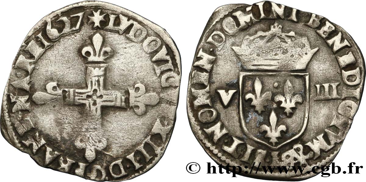 LOUIS XIII LE JUSTE Huitième d écu, à la croix fleurdelisée, titulature côté croix 1627 Bayonne TB+