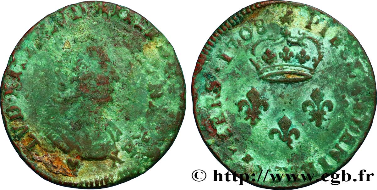 LOUIS XIV LE GRAND OU LE ROI SOLEIL IIII deniers 1708 Strasbourg B+