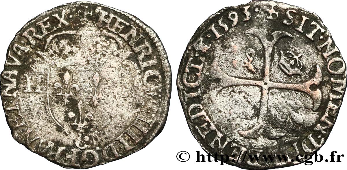 HENRI IV LE GRAND Douzain aux deux H, 2e type 1593 Saint-Lô TB