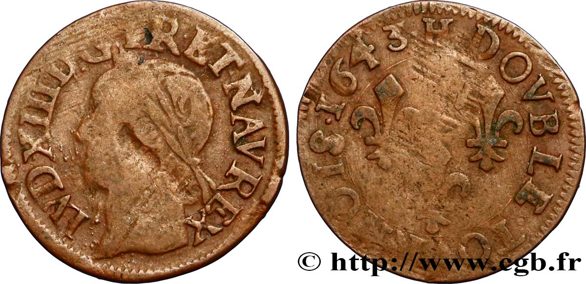 LOUIS XIII LE JUSTE Double tournois, type de Warin 1643 La Rochelle TB