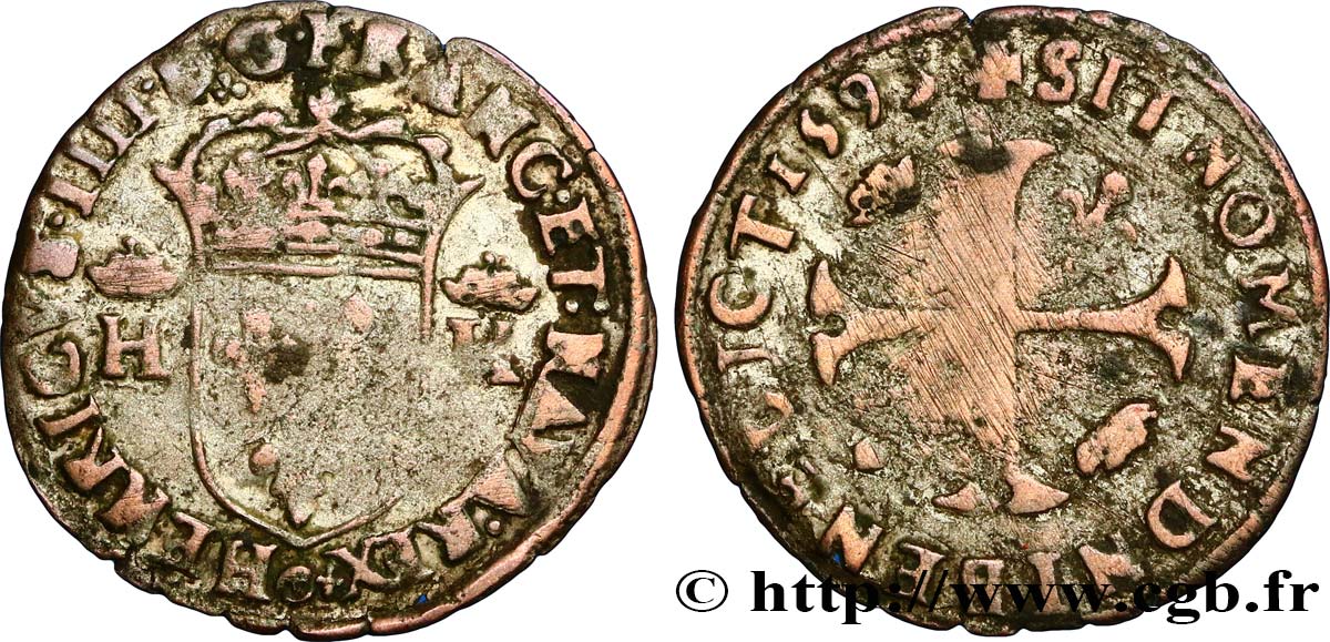 HENRI IV LE GRAND Douzain aux deux H couronnées, 9ème type 1593 Clermont-Ferrand TB+