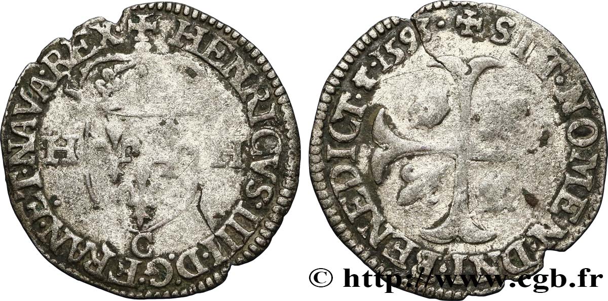 HENRI IV LE GRAND Douzain aux deux H, 2e type 1593 Saint-Lô TB