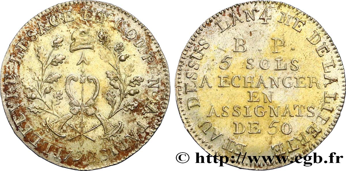 REVOLUTION COINAGE 5 sols Lefèvre Lesage et Cie 1792 Paris q.BB