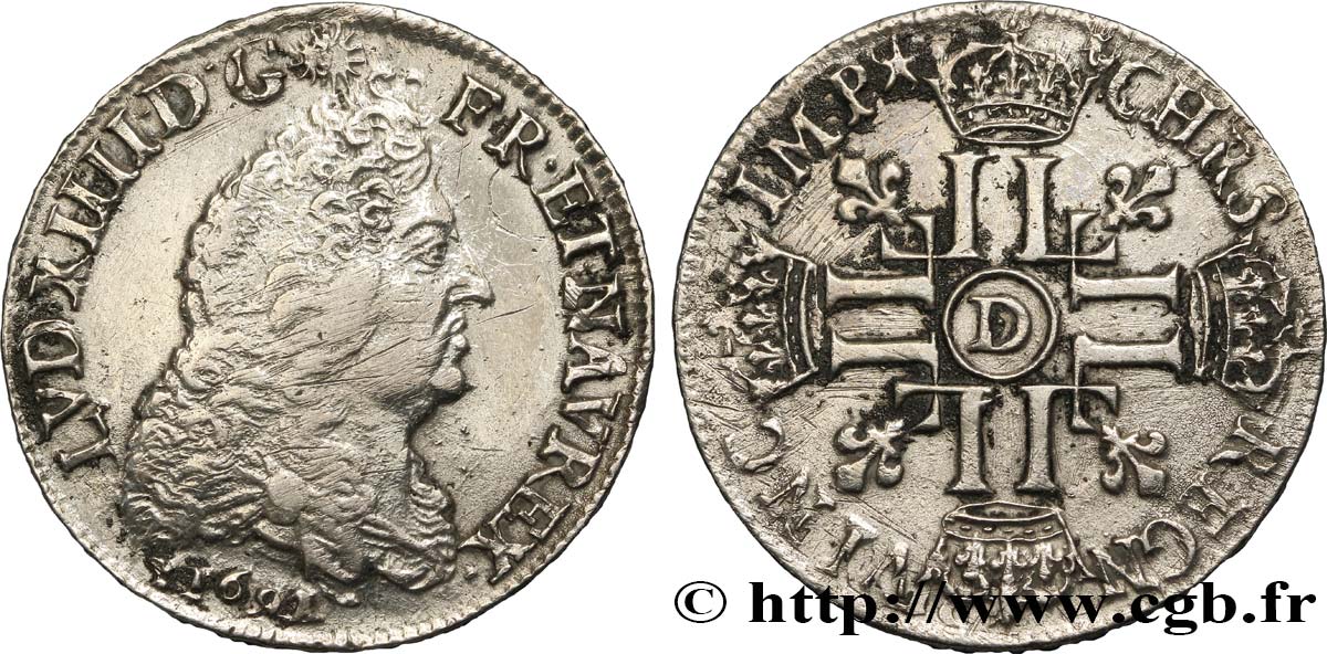 LOUIS XIV  THE SUN KING  Demi-écu aux huit L, 1er type 1691 Lyon VF