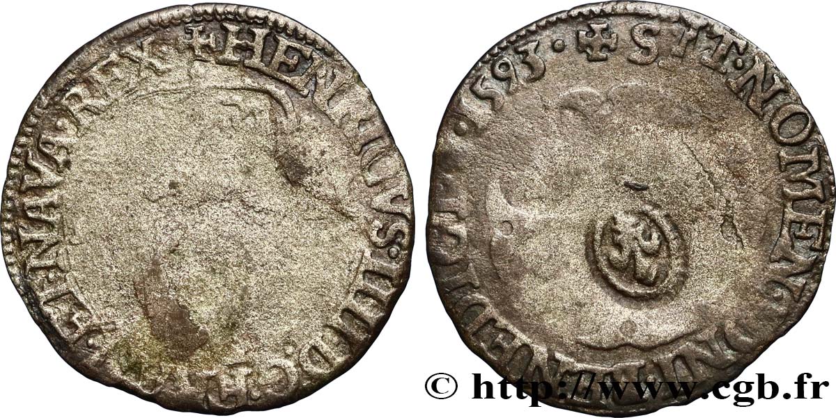 HENRY IV Douzain aux deux H, 2e type contremarqué 1593 Saint-Lô BC