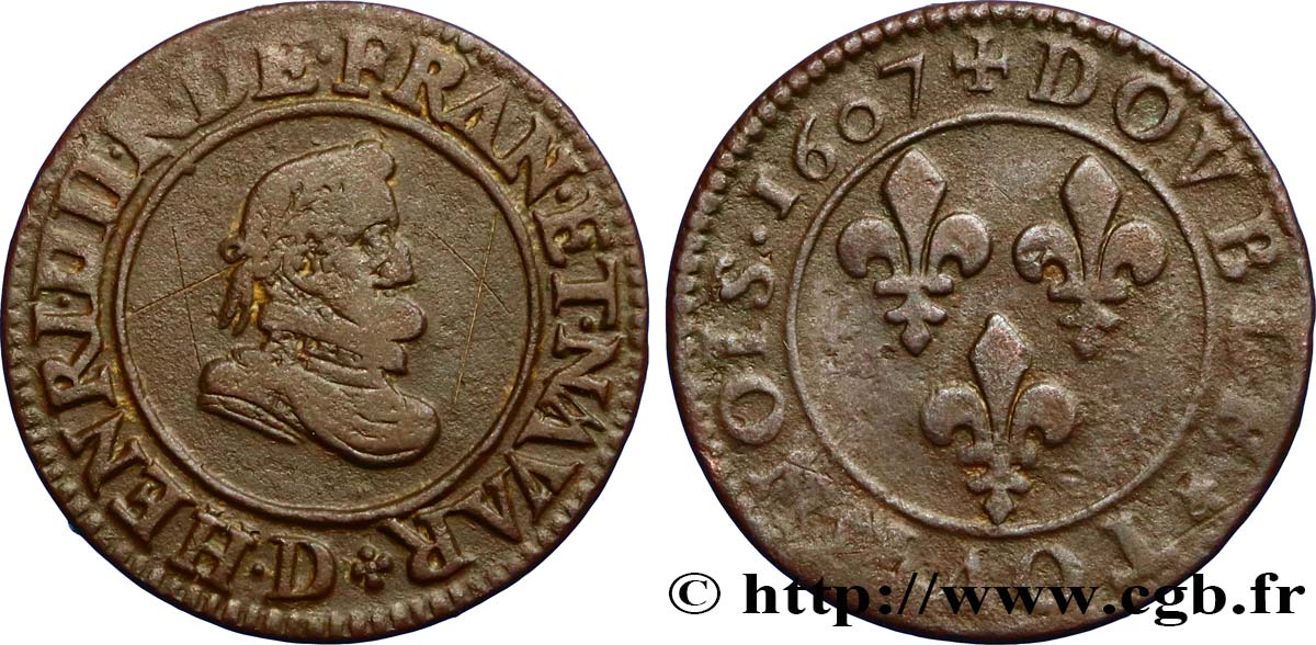 HENRI IV LE GRAND Double tournois, 1er type 1607 Lyon TB+