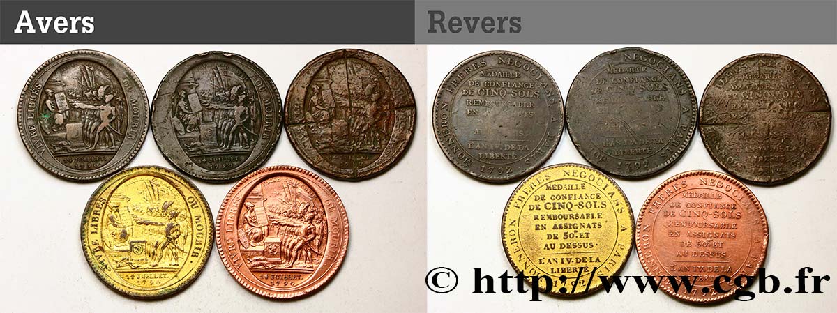 LOTTE Lot de cinq Monnerons de 5 sols au serment n.d. Birmingham, Soho MB