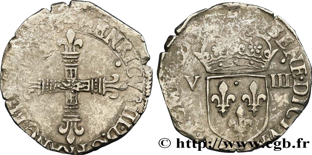 HENRI III Huitième d&nbsp;écu, croix de face n.d. Nantes TB