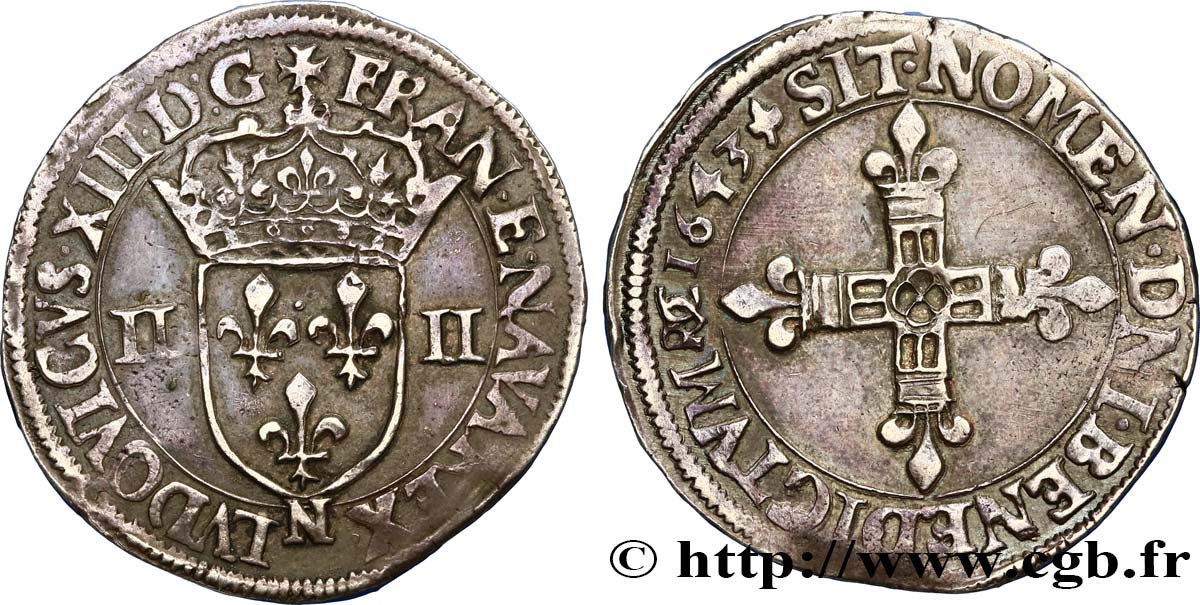 LOUIS XIII  Quart d écu, à la croix fleurdelisée, titulature côté écu 1643 Montpellier q.SPL