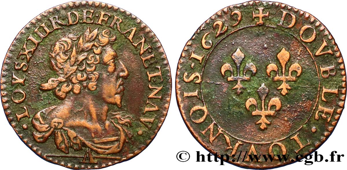 LOUIS XIII LE JUSTE Double tournois, type 7 1629 Paris TTB+/TTB
