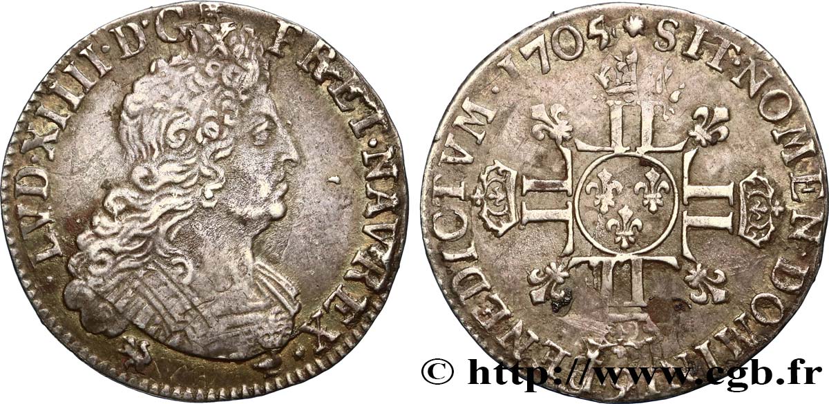 LOUIS XIV LE GRAND OU LE ROI SOLEIL Quart d’écu aux huit L, 2e type 1705 Rennes TTB