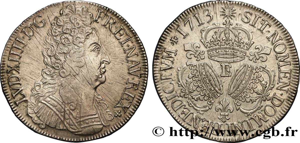 LOUIS XIV  THE SUN KING  Écu aux trois couronnes 1713 Tours XF