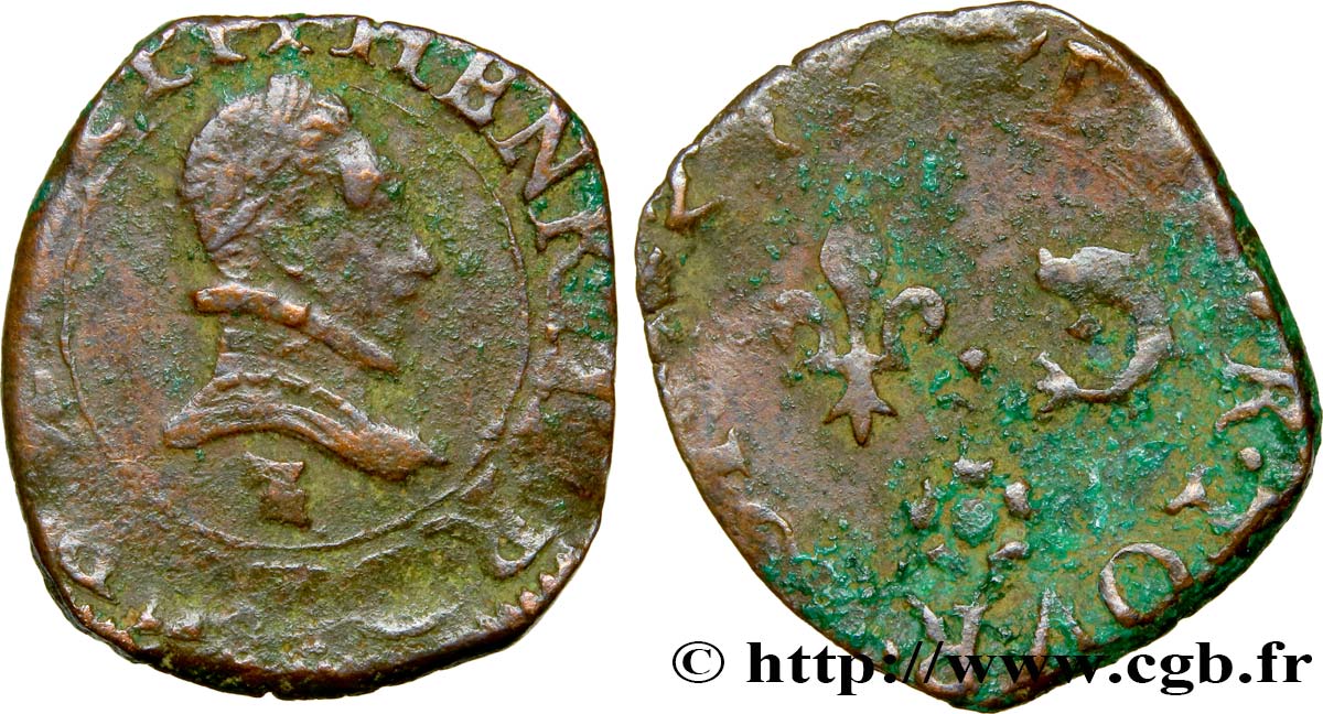 HENRI III Denier tournois, type du Dauphiné 1586 Grenoble TB