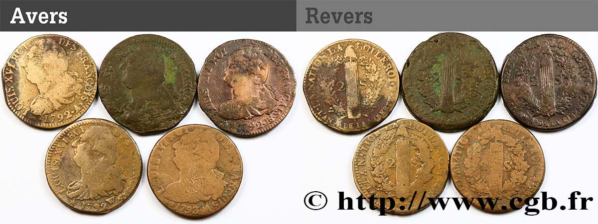 LOUIS XVI (MONARQUE CONSTITUTIONNEL)  Lot de cinq pièces de 2 sols dit  au faisceau , type FRANÇOIS n.d. s.l. B+