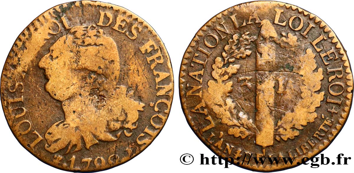 LOUIS XVI (MONARQUE CONSTITUTIONNEL)  3 deniers dit  au faisceau , type FRANÇOIS 1792 Limoges TB