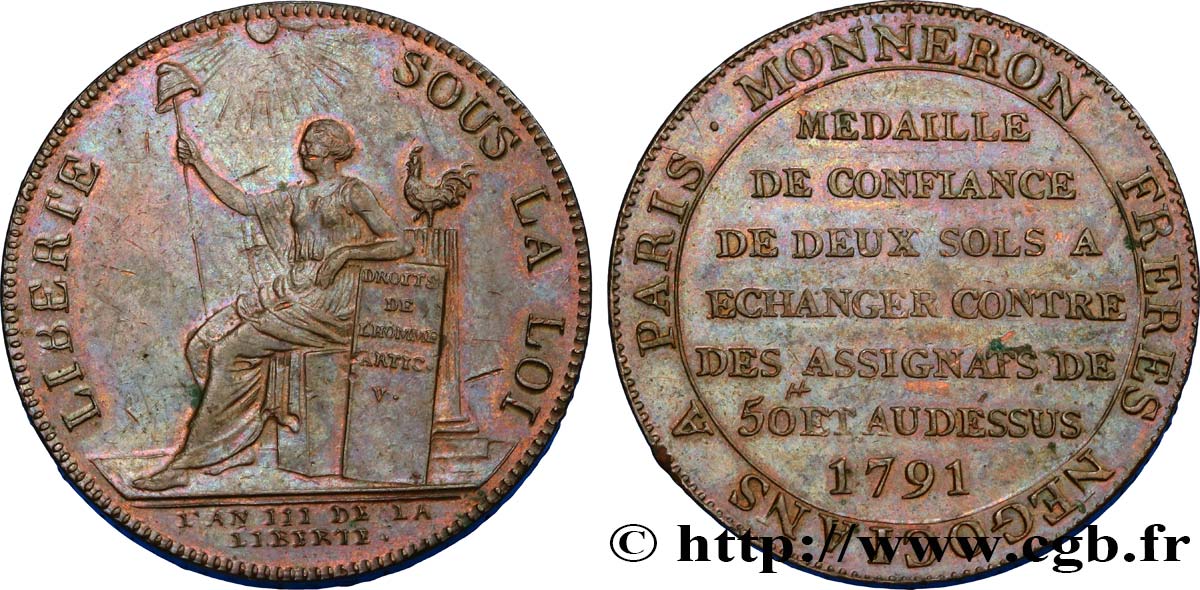 REVOLUTION COINAGE / CONFIANCE (MONNAIES DE…) Monneron de 2 sols à la Liberté 1791 Birmingham, Soho XF