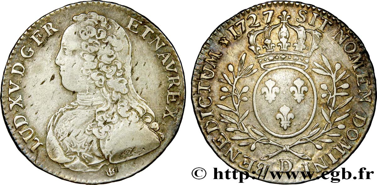 LOUIS XV  THE WELL-BELOVED  Demi-écu aux branches d olivier, buste habillé 1727 Lyon SS