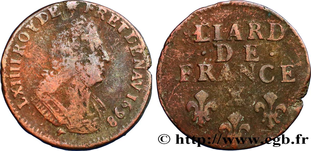 LOUIS XIV LE GRAND OU LE ROI SOLEIL Liard, 3e type, buste âgé 1698 Amiens TB/B+