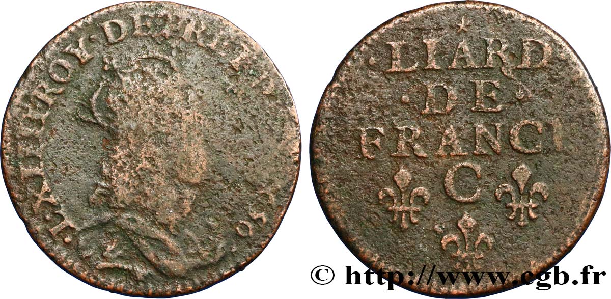 LOUIS XIV LE GRAND OU LE ROI SOLEIL Liard de cuivre, 2e type 1656 Caen B+/TB
