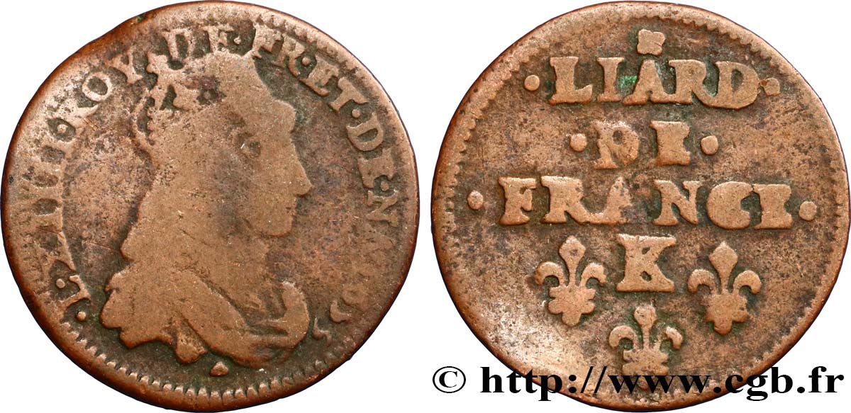 LOUIS XIV LE GRAND OU LE ROI SOLEIL Liard de cuivre 1655 Bordeaux B/TB