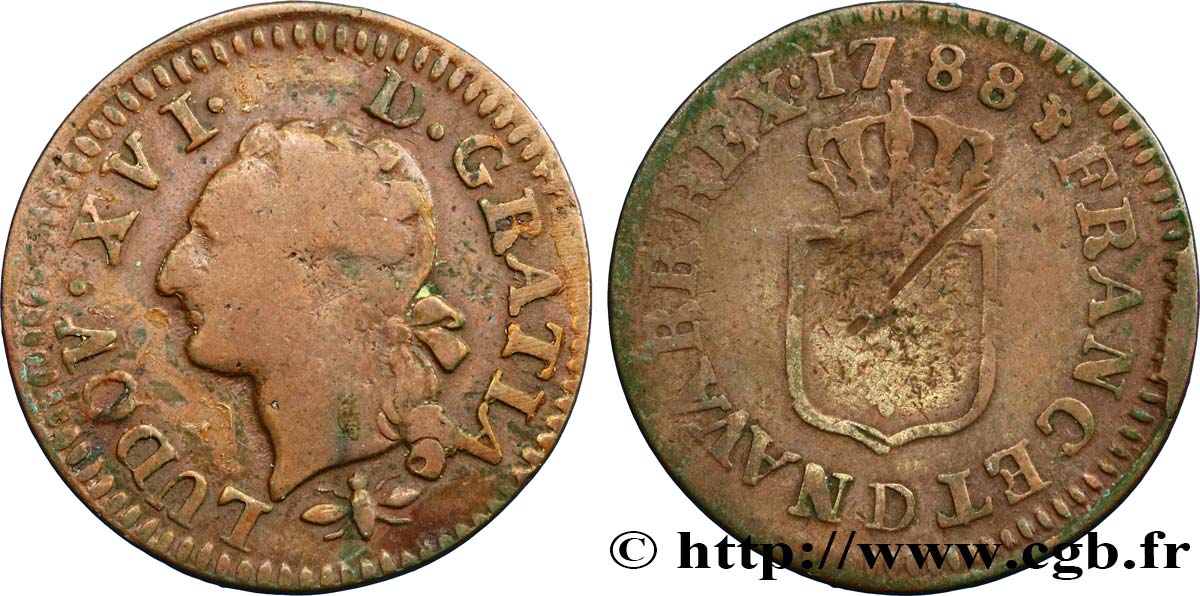 LOUIS XVI Liard dit  à l écu  1788 Lyon B+/B