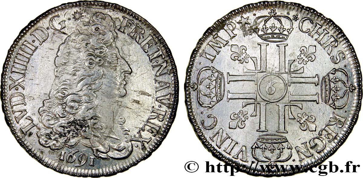 LOUIS XIV  THE SUN KING  Écu aux huit L, 1er type 1691 Rennes MBC+/EBC
