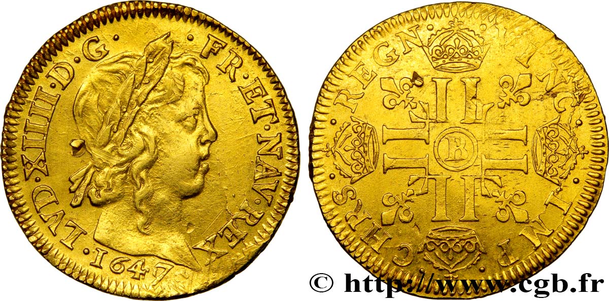 LOUIS XIV LE GRAND OU LE ROI SOLEIL Louis d’or aux huit L, portrait à la mèche longue 1647 Rouen TTB