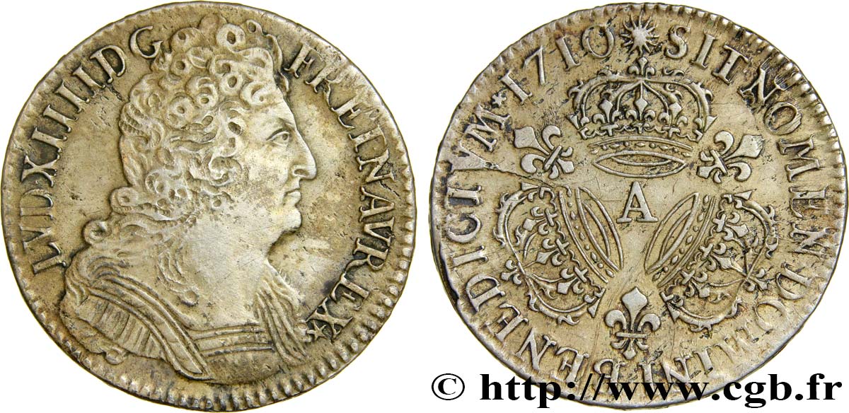LOUIS XIV LE GRAND OU LE ROI SOLEIL Demi-écu aux trois couronnes 1710 Paris SUP