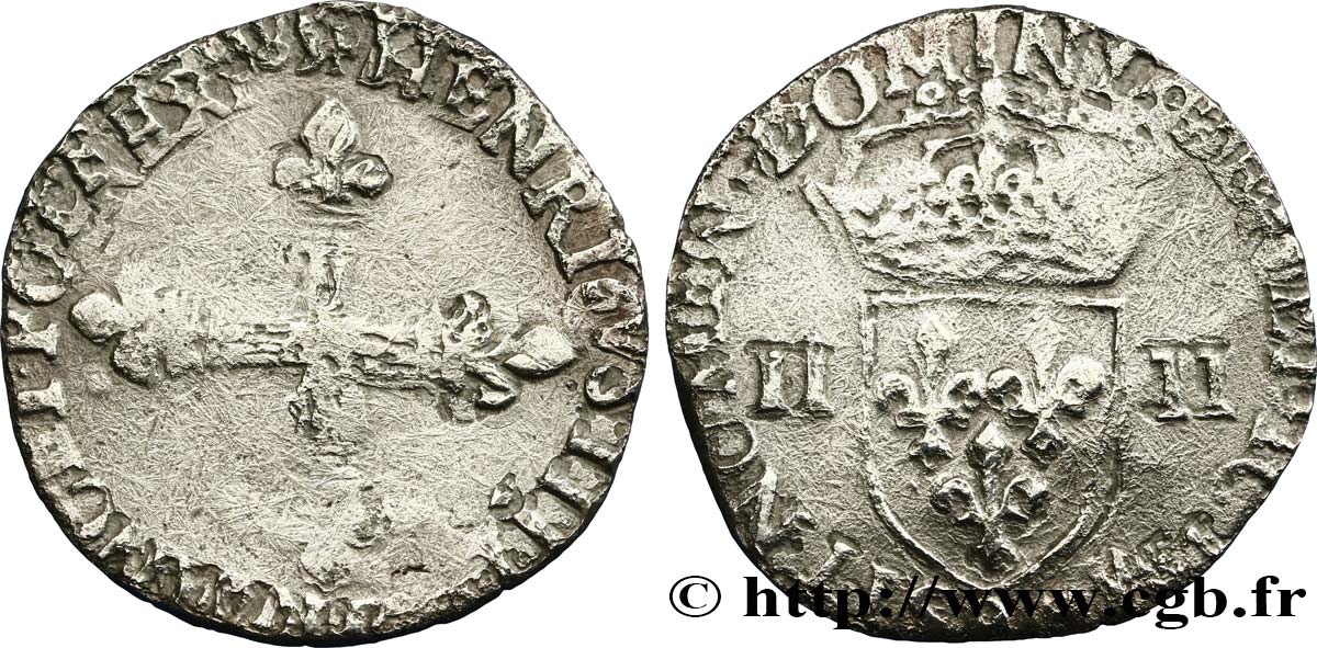HENRI III Quart d écu, croix de face 1585 Rennes TB