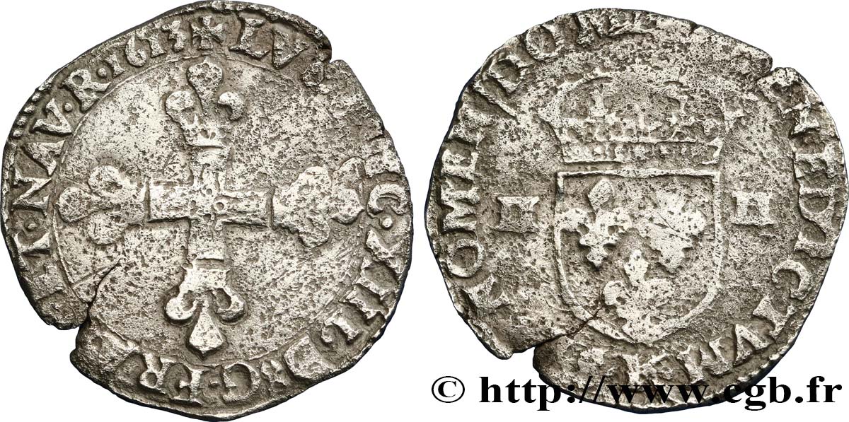 LOUIS XIII LE JUSTE Quart d écu, à la croix fleurdelisée, titulature côté croix 1613 Bordeaux TB/B+