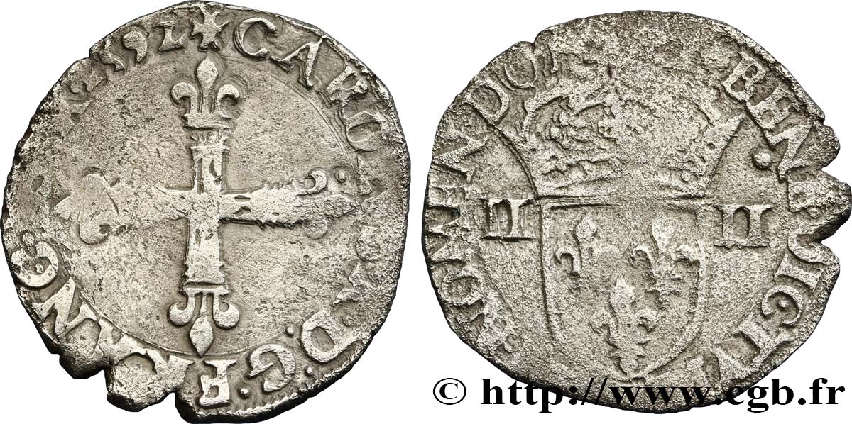 CHARLES X, CARDINAL DE BOURBON Quart d écu, croix de face 1592 Nantes TB+