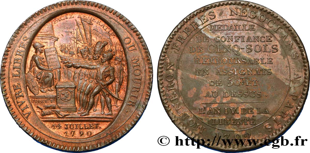 CONFIANCE (MONNAIES DE...) Monneron de 5 sols au serment (An IV), 3e type 1792 Birmingham, Soho TTB+/TTB