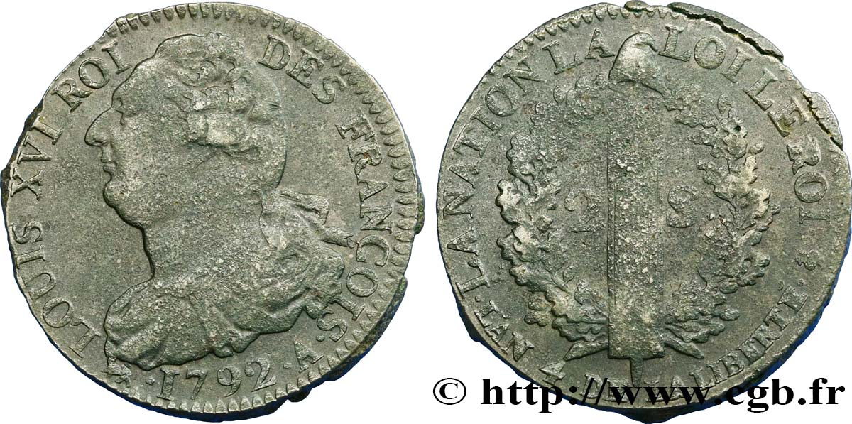 LOUIS XVI (MONARQUE CONSTITUTIONNEL)  2 sols dit  au faisceau , type FRANÇOIS 1792 Paris TB+