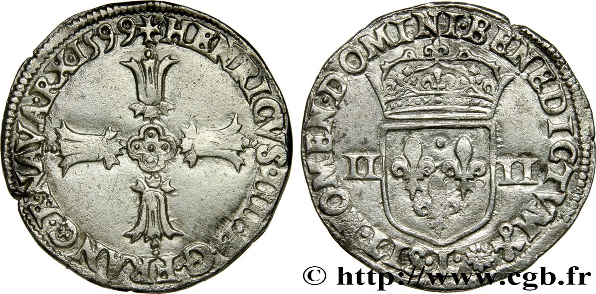 HENRY IV Quart d écu, croix feuillue de face 1599 Bayonne XF