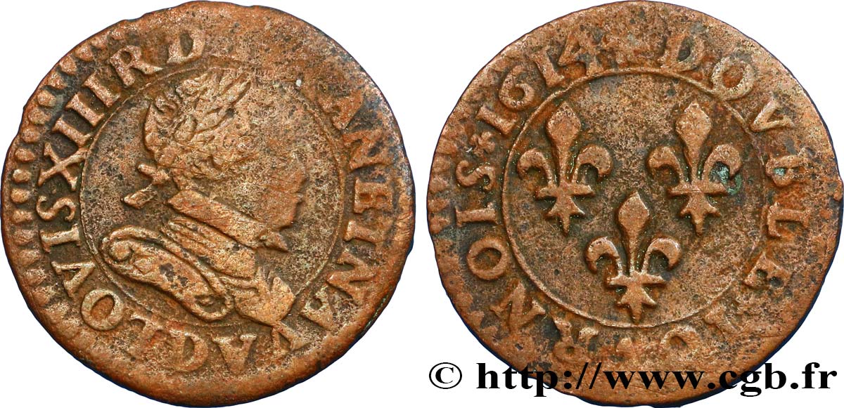 LOUIS XIII LE JUSTE Double tournois, type 3 1614 Lyon TB