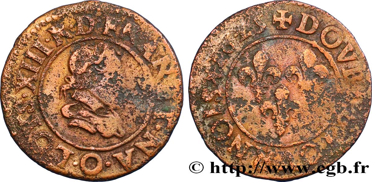 LOUIS XIII LE JUSTE Double tournois, petit buste adolescent au col plat de Riom 1625 Riom TB