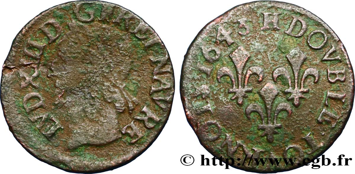 LOUIS XIII LE JUSTE Double tournois, type de Warin 1643 La Rochelle TB