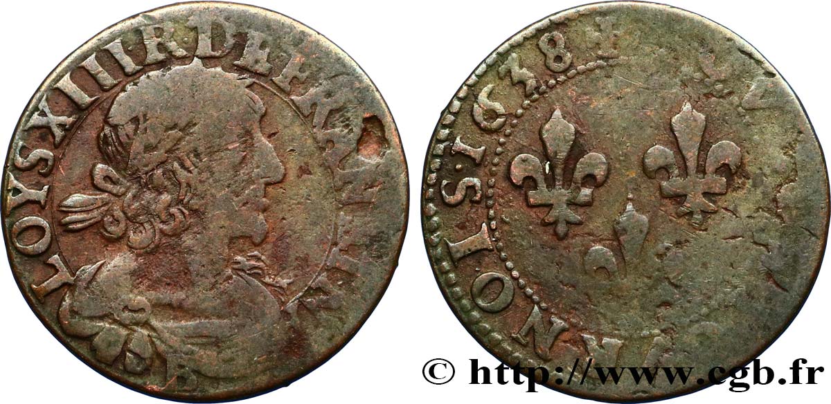 LOUIS XIII LE JUSTE Double tournois, type 2 1638 Rouen TB