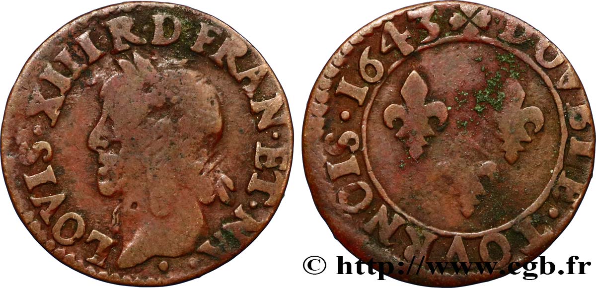 LOUIS XIII LE JUSTE Double tournois, type de Warin 1643  TB