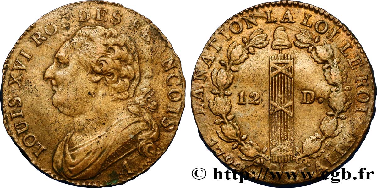 LOUIS XVI (MONARQUE CONSTITUTIONNEL)  12 deniers dit  au faisceau , type FRANCOIS 1792 Paris TTB/TTB+