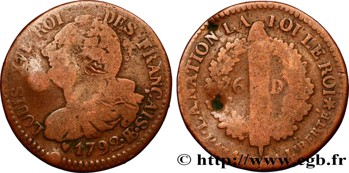LOUIS XVI (MONARQUE CONSTITUTIONNEL)  6 deniers dit  au faisceau , type FRANÇAIS 1792 Strasbourg B+