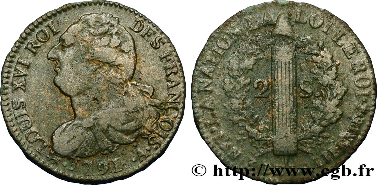 LOUIS XVI (MONARQUE CONSTITUTIONNEL)  2 sols dit  au faisceau , type FRANÇOIS 1791 Paris TTB