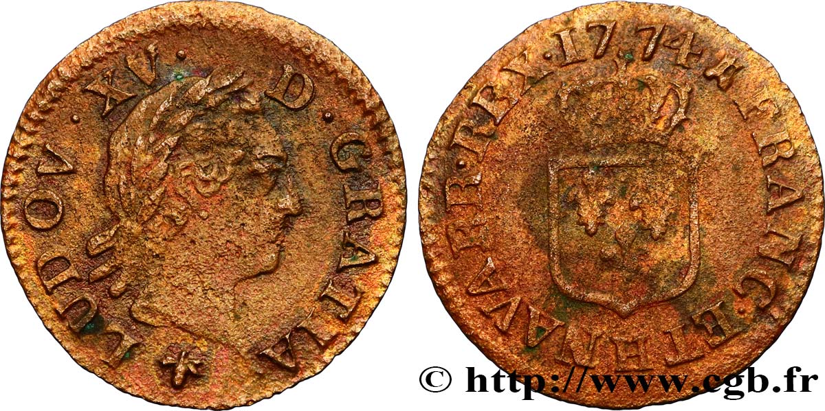 LOUIS XV DIT LE BIEN AIMÉ Liard dit “à la vieille tête” 1774 La Rochelle TB+