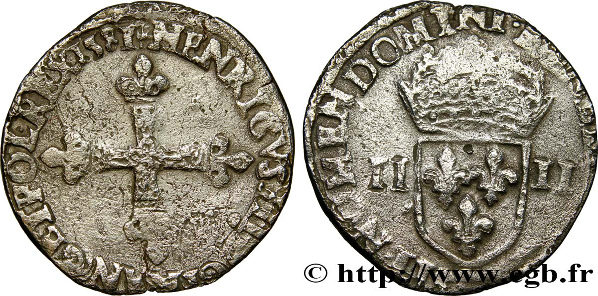 HENRI III Quart d écu, croix de face 1581 Rennes TB